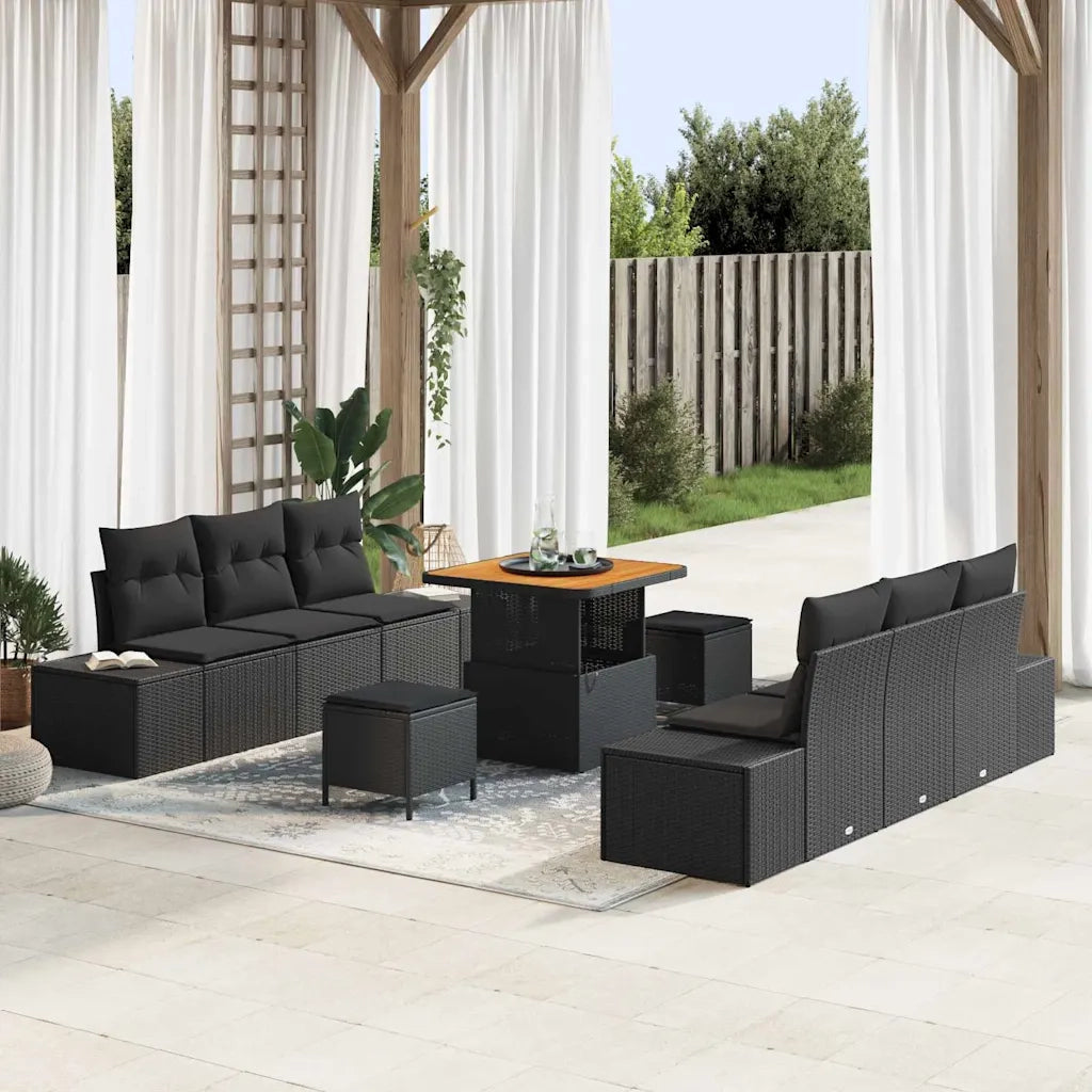 Set Divano da Giardino con cuscino 9 pcs Nero Poly Rattan