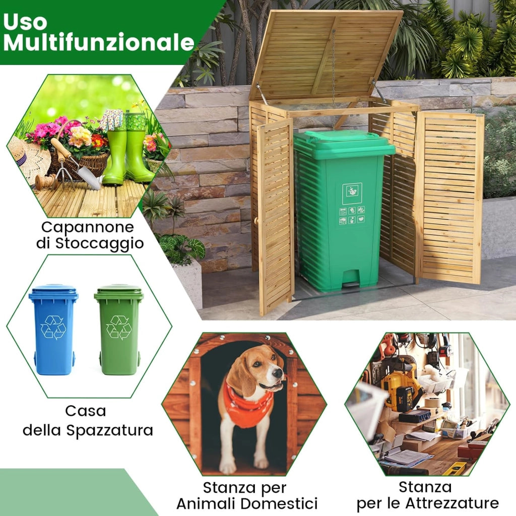 Box Portabidone dei Rifiuti in Legno 120L, Copribidone per Spazzatura con Coperchio Apribile, Doppia Porta e Serratura, Contenitore per Pattumiera da Giardino, Cortile e Terrazza