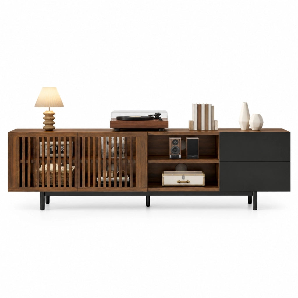 Mobile TV 160 × 38 × 50 cm in MDF; 2 ante e 2 cassetti; noce e nero