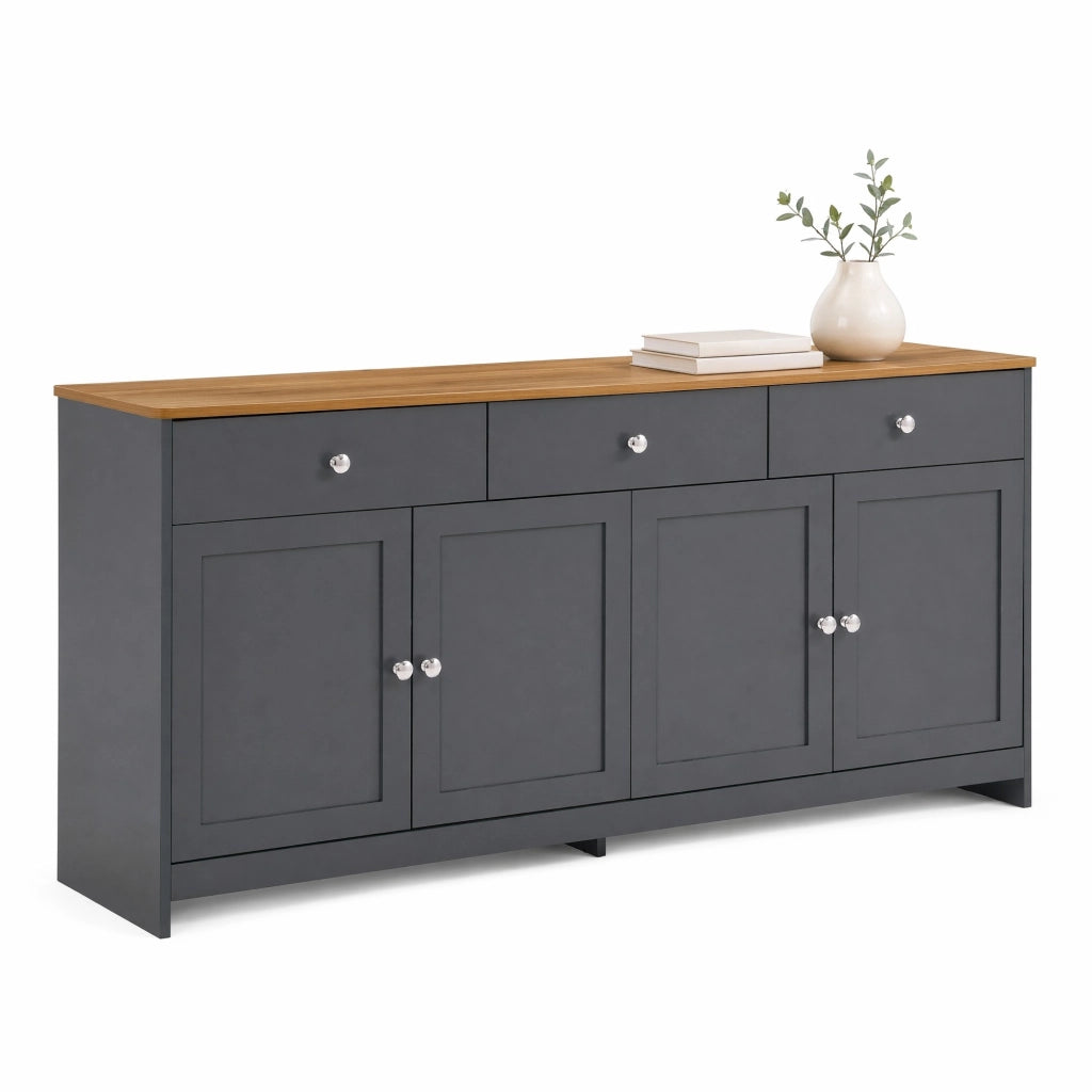 Credenza rustica da 160 cm con 3 cassetti; 4 ante e ripiani regolabili; nero grigio e legno