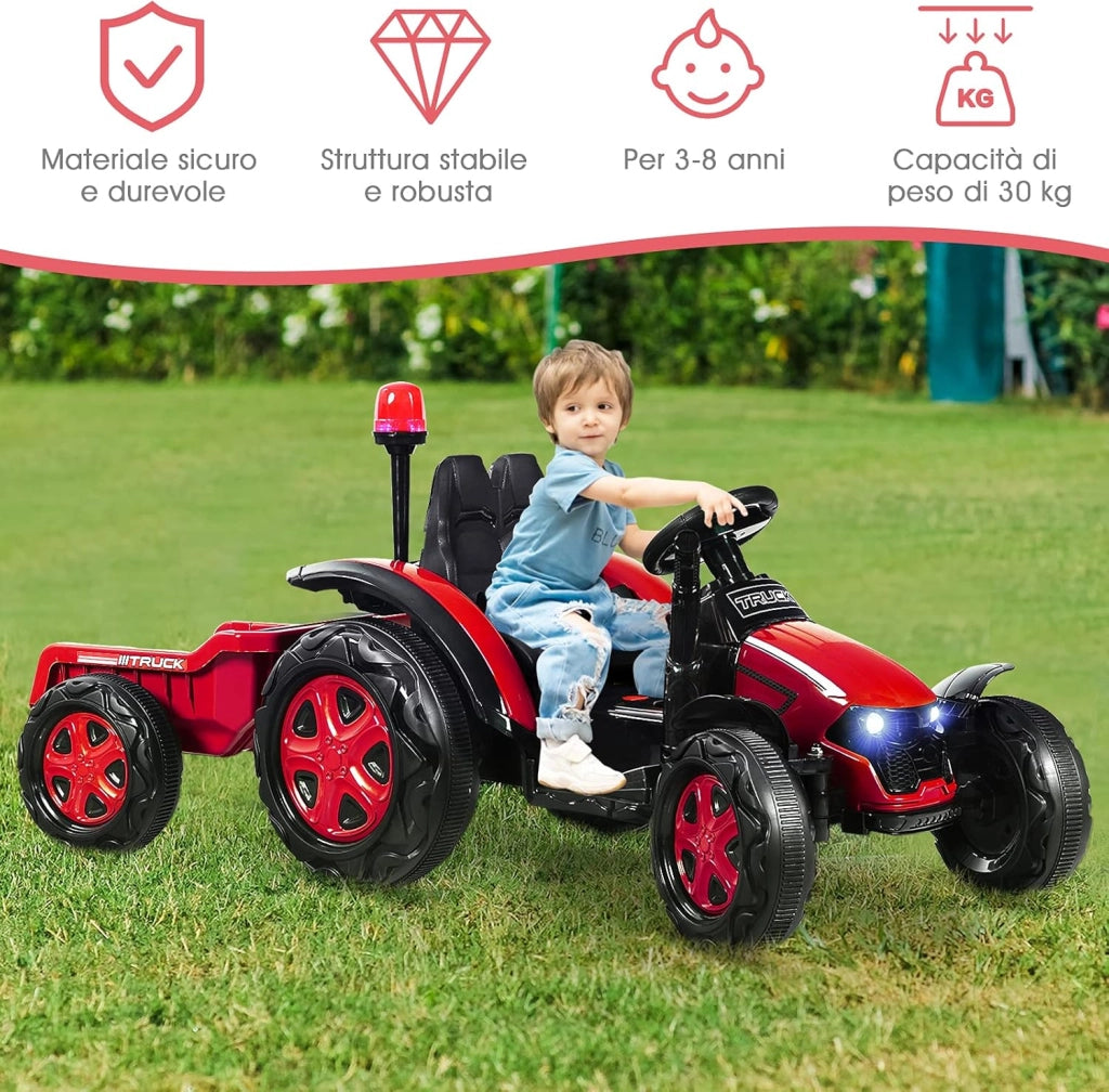 Trattore Elettrico per Bambini con Rimorchio, 2 in 1 Go Kart e Trattore per Bambini 3-8 Anni, con Telecomando e Cintura di Sicurezza a 2 Punti (Rosso)