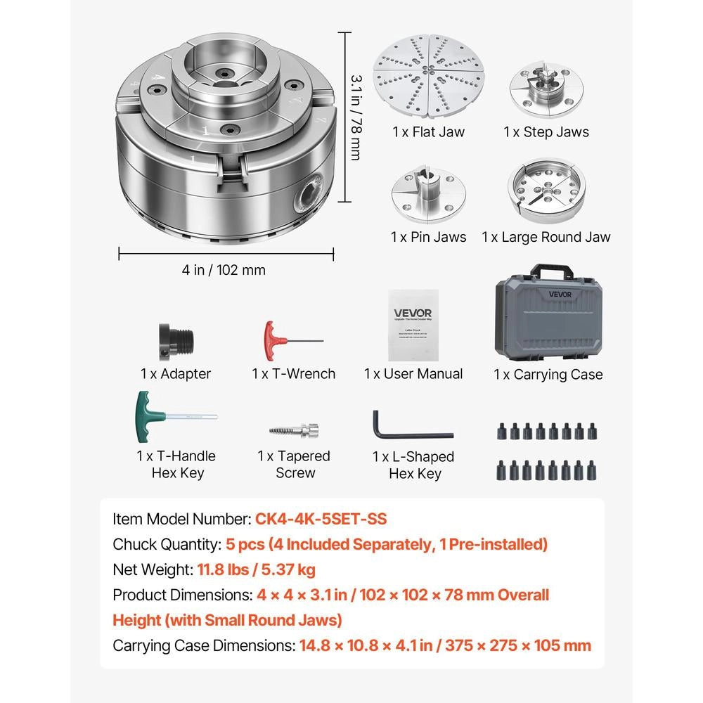 4 Inch Wood Lathe Chuck, 4-Jaw, Self-Centering Wood Turning Chuck Set With 1" X 8TPI Thread & Adapter, 5 PCS Jaws Round/Flat/Step/Pin, Carry Case, Nickel-Plated Finish, For Woodworking Lathe