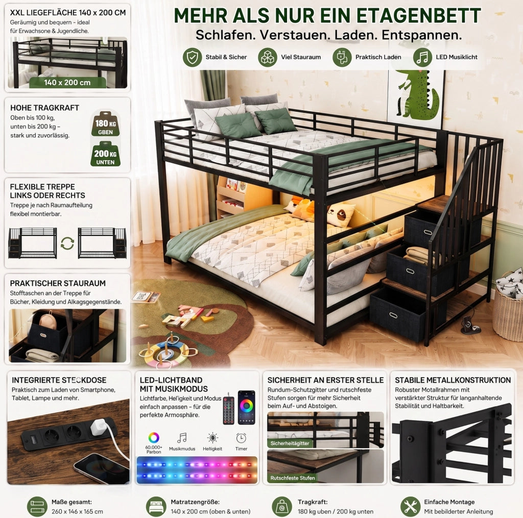 Letto a castello ULEVR 140x200 cm in metallo e MDF, scala reversibile con cassetti, LED, prese e USB, nero