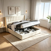 Letto matrimoniale contenitore 160x200 cm con testiera imbottita rete a doghe sollevabile e rivestimento a righe verticali in lino beige