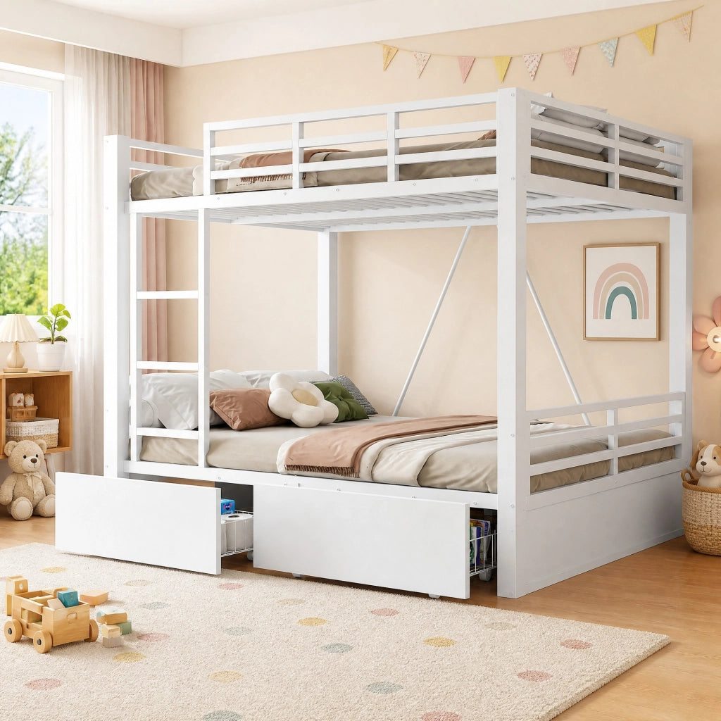 Letto a castello in metallo 140x200 cm con cassetti; scala e sponde; bianco