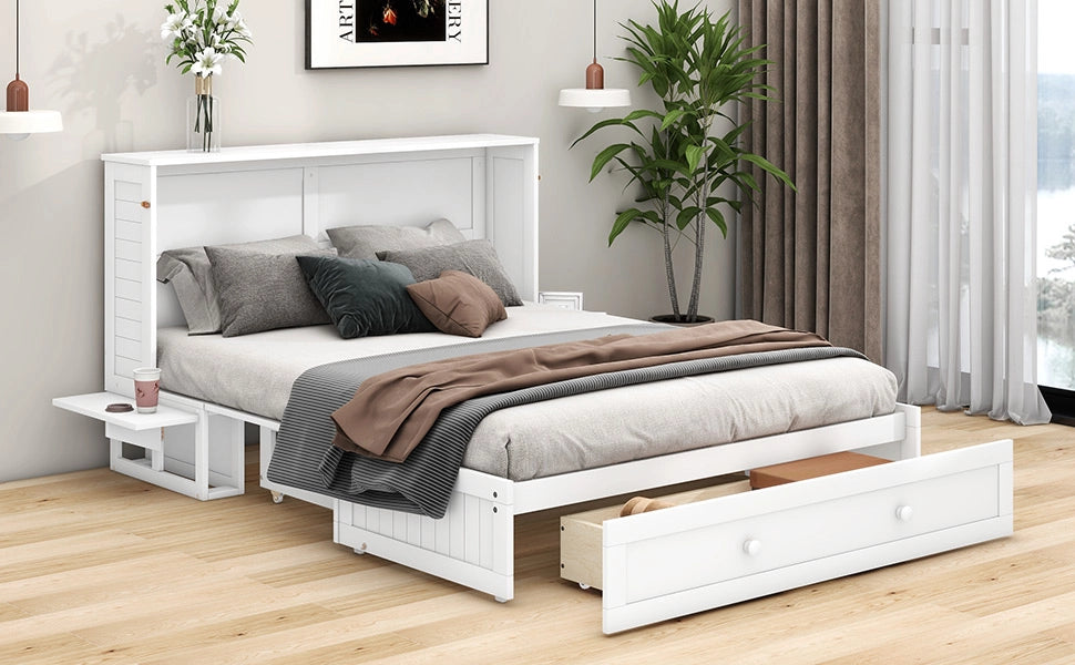 Letto pieghevole mobile 140x200 cm con cassetto e ripiani laterali, bianco
