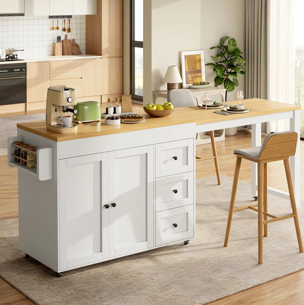 Isola da cucina con piano estraibile 116–179,5 cm con 3 cassetti, ripiani laterali e ruote - Bianco/Nero