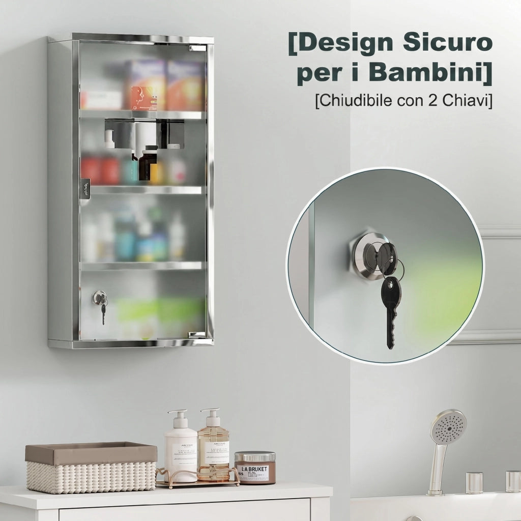 Armadietto Medicinale Cassetta Porta Medicina a Quattro Ripiani in Acciaio Inox 30 x 12 x 60cm