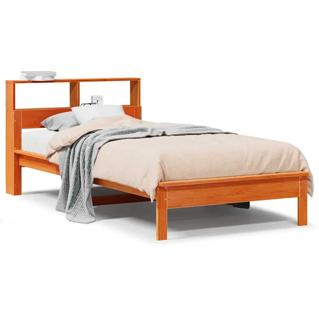 Letto Libreria senza Materasso-Struttura Letto con contenitore Marrone Cera 75x190 cm in Pino 301333