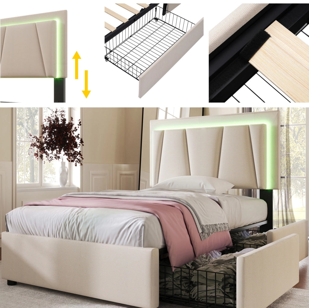 Letto 90x200 cm con LED, 2 cassetti e testiera regolabile in beige