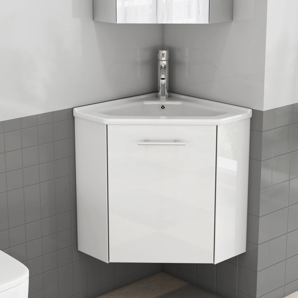 Mobile bagno angolare 49x49x57 cm salvaspazio con lavabo in ceramica MDF bianco lucido
