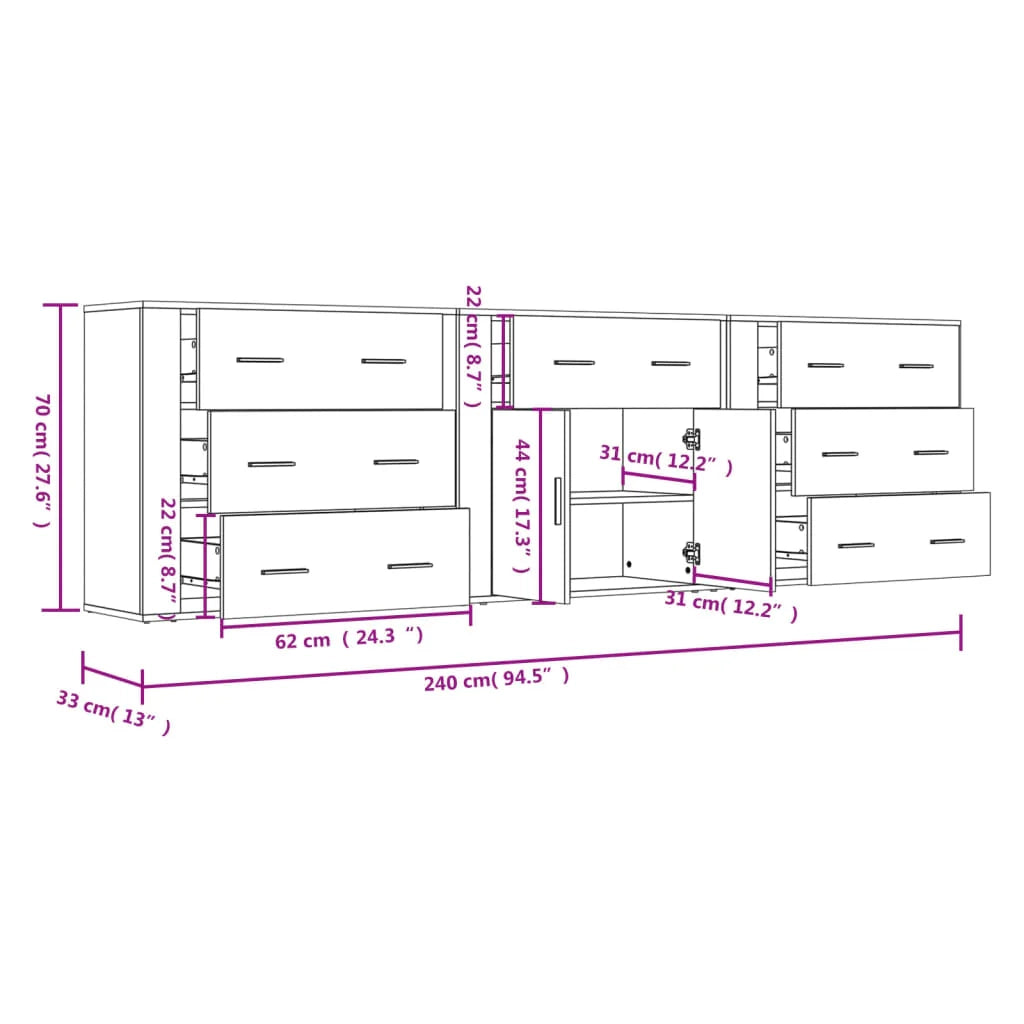 Buffet credenza cassettiera armadio mobile contenitore organizer per cucina soggiorno salotti 3 pezzi legno ingegnerizzato bianco 02_0037011