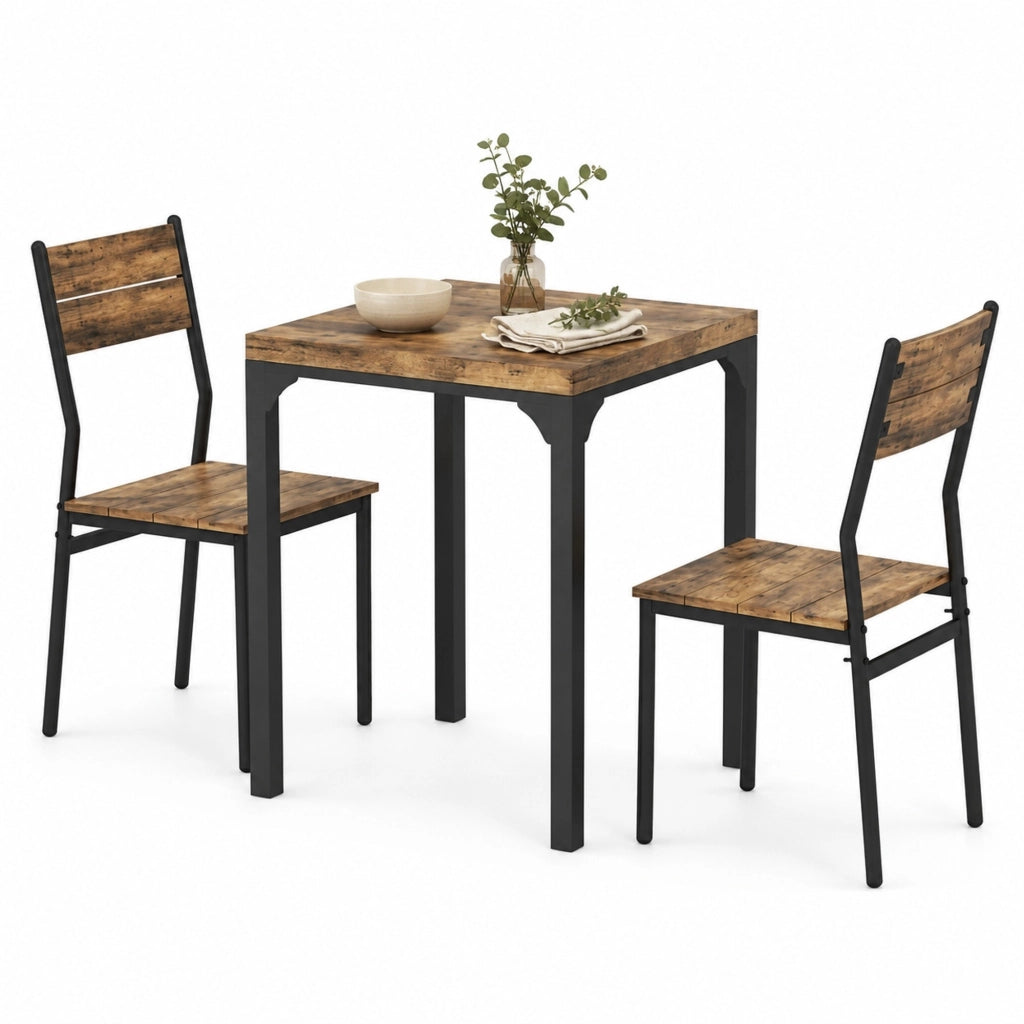 Set pranzo 3 pezzi marrone rustico con 1 tavolo e 2 sedie in MDF e metallo
