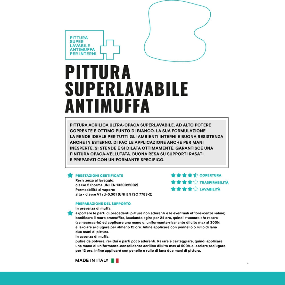 Pittura acrilica ultra opaca super lavabile antimuffa protezione antibatterica *** formato 13 lt, confezione 1