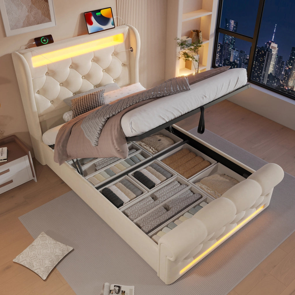 Letto imbottito contenitore 90 × 200 cm con LED; USB e Type-C; velluto beige
