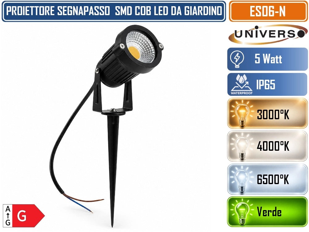 UNIVERSO ES06-N LAMPADA DA GIARDINO LED COB 5W CON PICCHETTO ORIENTABILE 360° IP65 660LM FASCIO 60° IN ALLUMINIO E VETRO – 3000K, 4000K, 6500K, VERDE - Colore Luce:Verde