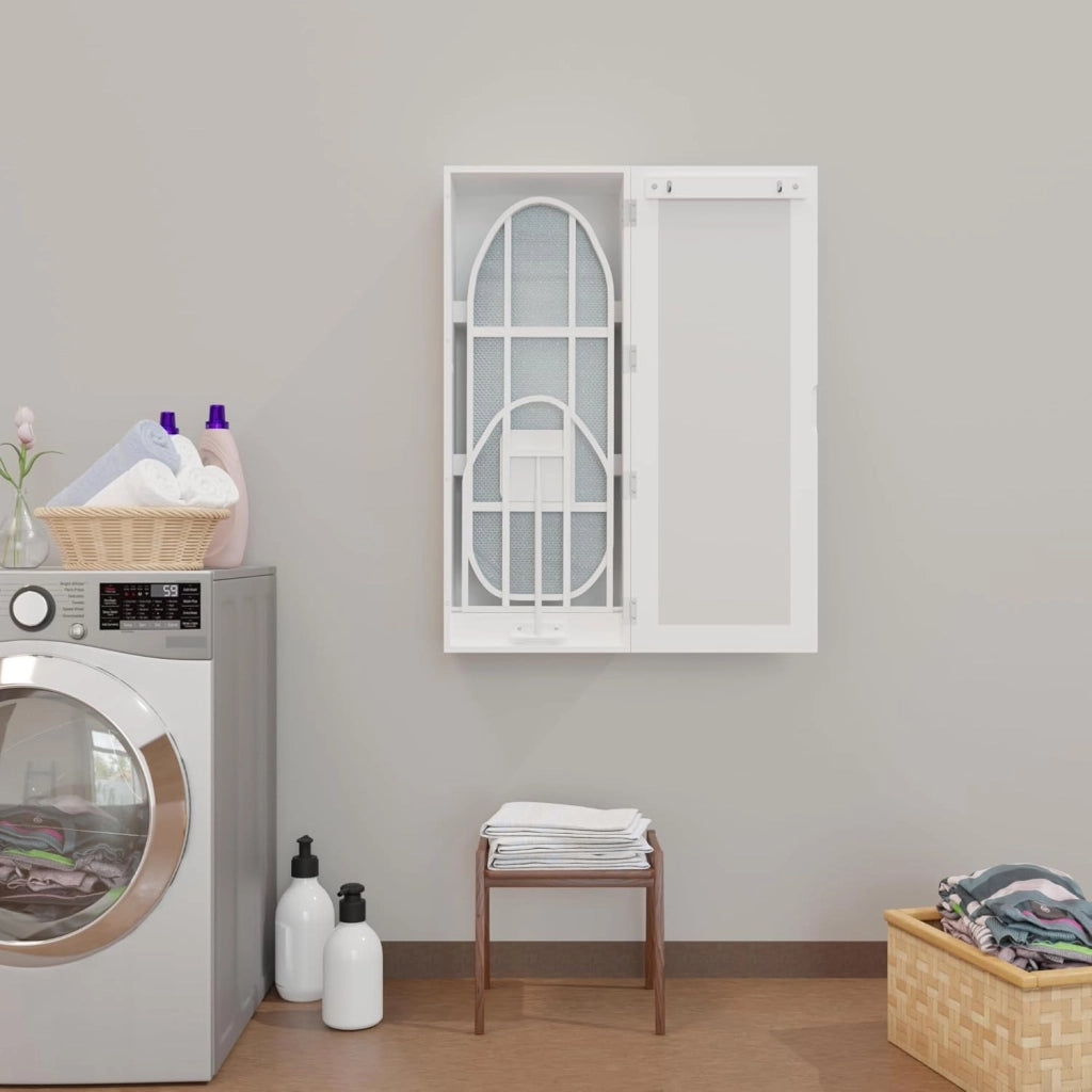 Mobile da parete per stirare con asse integrato specchio 2 vani in MDF bianco per lavanderia camera e armadio