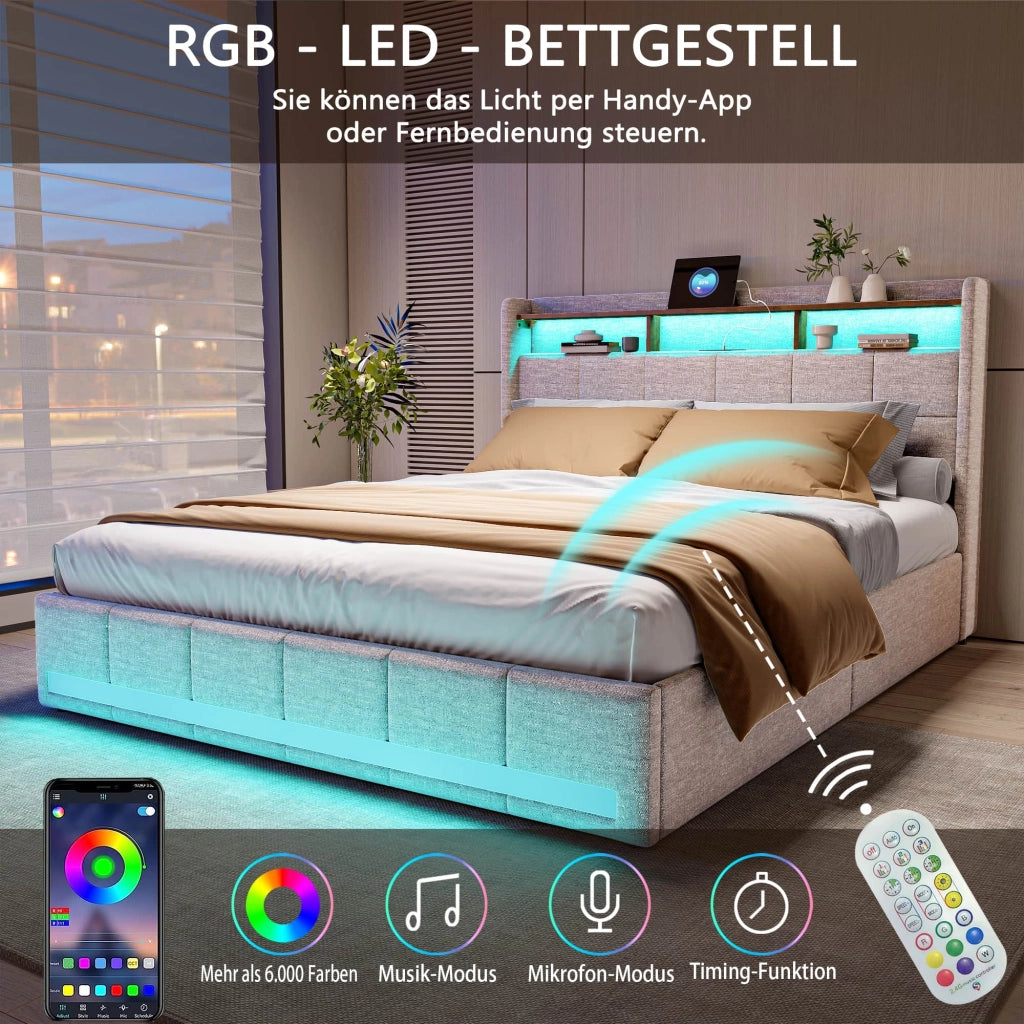 Letto imbottito 140x190cm con 4 cassetti; letto matrimoniale con luci LED e porta USB; testiera in lino beige; base a doghe in legno; senza materasso