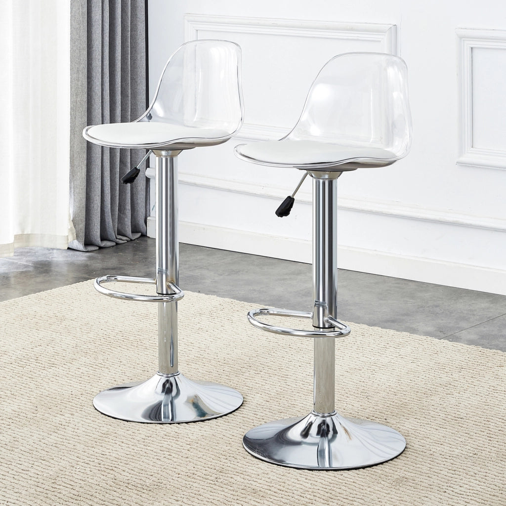 Set di 2 sgabelli da bar regolabili 82-104 cm con schienale trasparente; bianco e argento