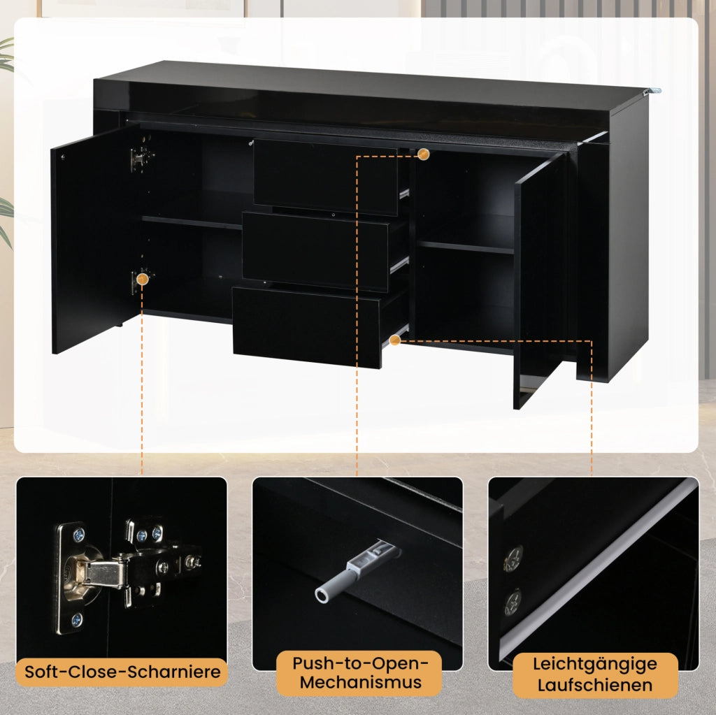 Sideboard nero lucido con LED, 2 ante e 3 cassetti 140 cm