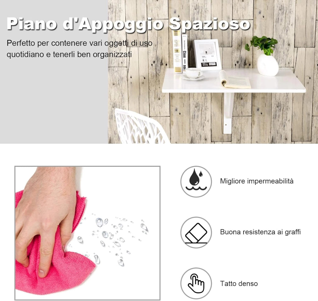 Tavolo Pieghevole a Muro, Tavolino Porta PC da Parete in Legno, Tavolo a Scomparsa Multifunzionale, Ideale per Soggiorno, Cucina e Studio, 80 x 60 x 45 cm (Bianco)