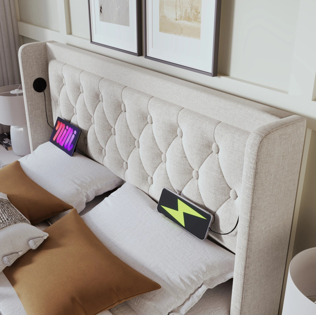 Letto matrimoniale con contenitore 160x200 cm in cotone beige; testiera con USB e Type-C; LED