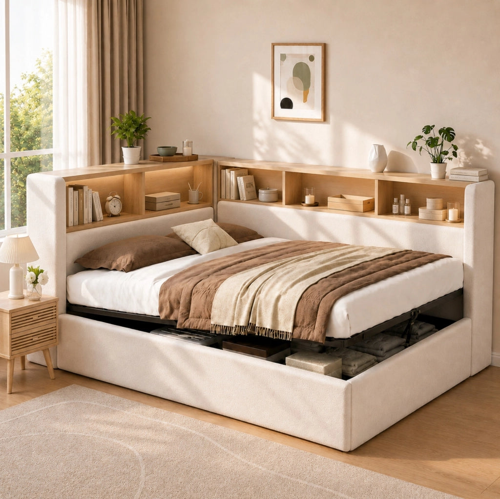 Letto imbottito con contenitore idraulico; LED; USB e Type-C; velluto beige