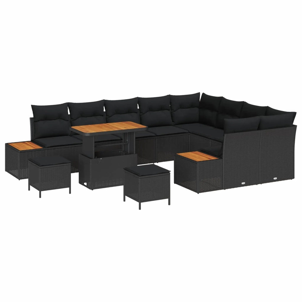 Set Divano da Giardino con cuscino 12 pcs Nero Poly Rattan