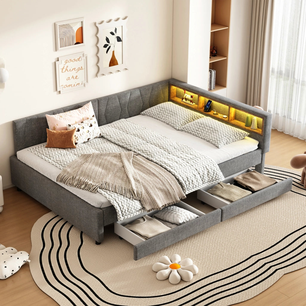 Struttura letto 140 × 200 cm in lino e MDF grigio con LED USB e type-c due cassetti vani e rete a doghe
