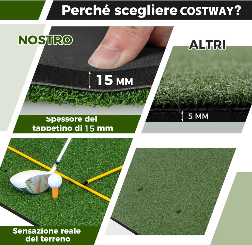 Tappeto da Allenamento Golf 3-in-1, Tappetino da Allenamento in Erba Sintetica con 2 Punte da Golf, 2 Aste di Allineamento e 3 Fori Preforati per le Punte