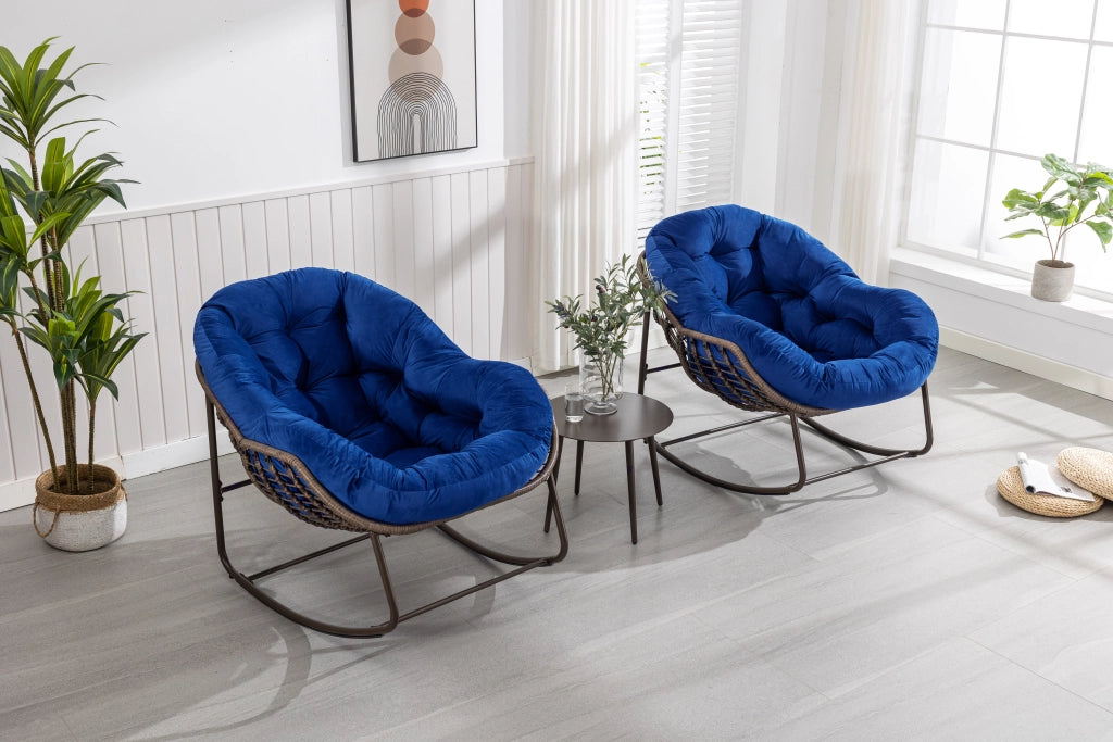 Sedia a dondolo da esterno in rattan, sedia reclinabile imbottita con cuscino per esterni, ideale per veranda, soggiorno, patio e giardino, blu navy.