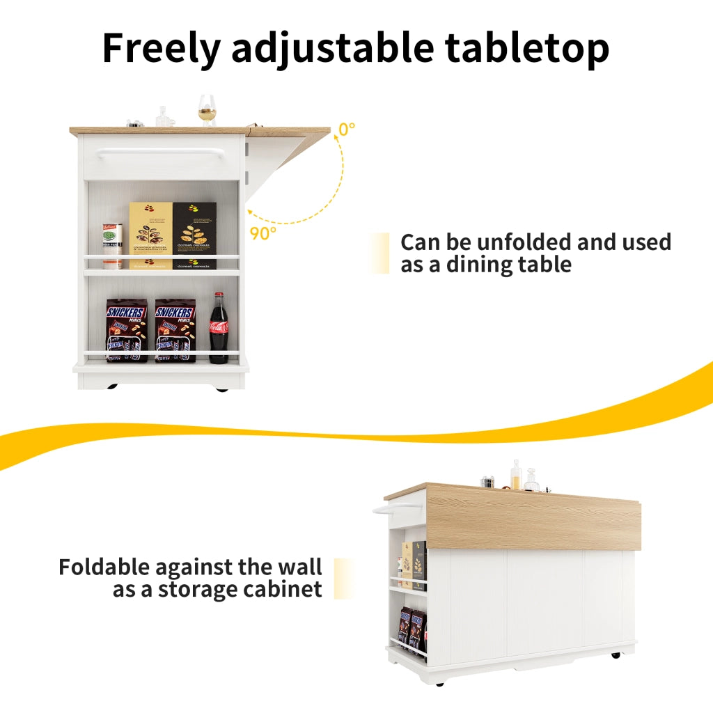 Carrello da Cucina con Cassetto; Vani Contenitore e Piano Ribaltabile; in MDF Metallo e Vetro; Bianco Naturale; 151;5 x 60 x 91;7 cm