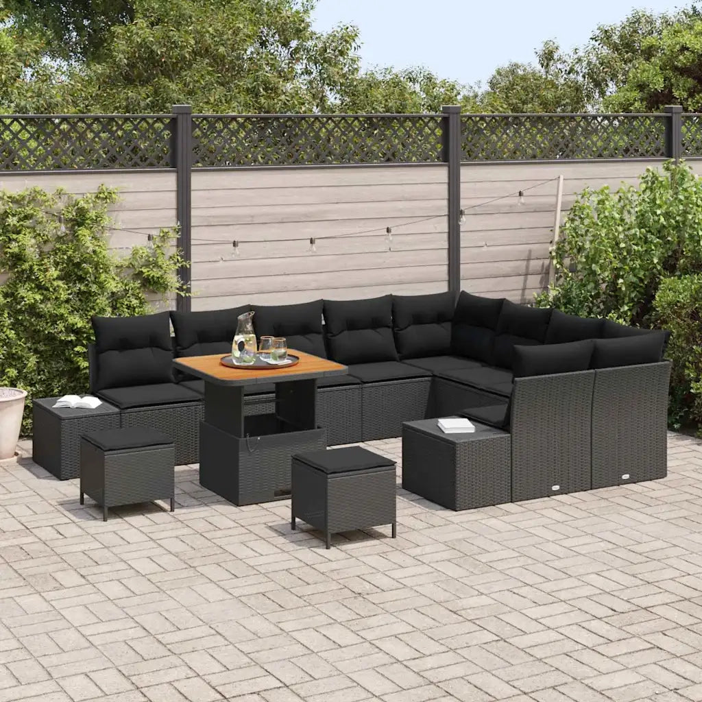 Set Divano da Giardino con cuscino 12 pcs Nero Poly Rattan