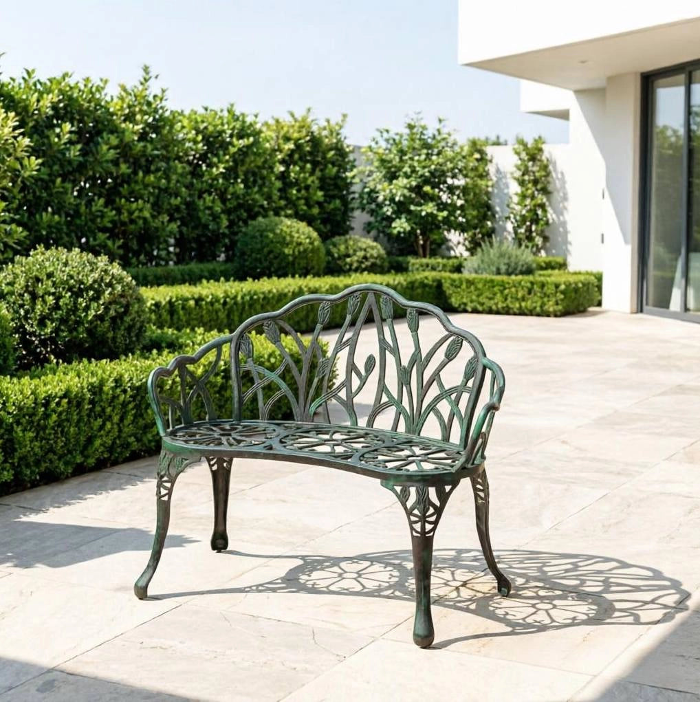Panchina da giardino a 2 posti in alluminio pressofuso verde antico 99x57x78 cm
