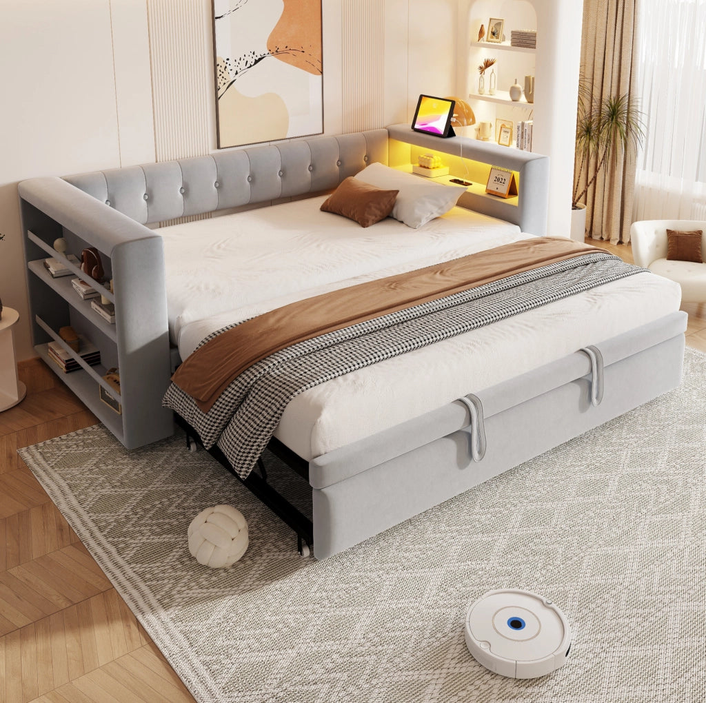 Divano letto multifunzione grigio chiaro 90/180x190 cm con LED