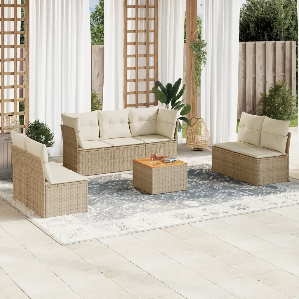 Set Divano da Giardino 8 pz con Cuscini Beige in Polyrattan