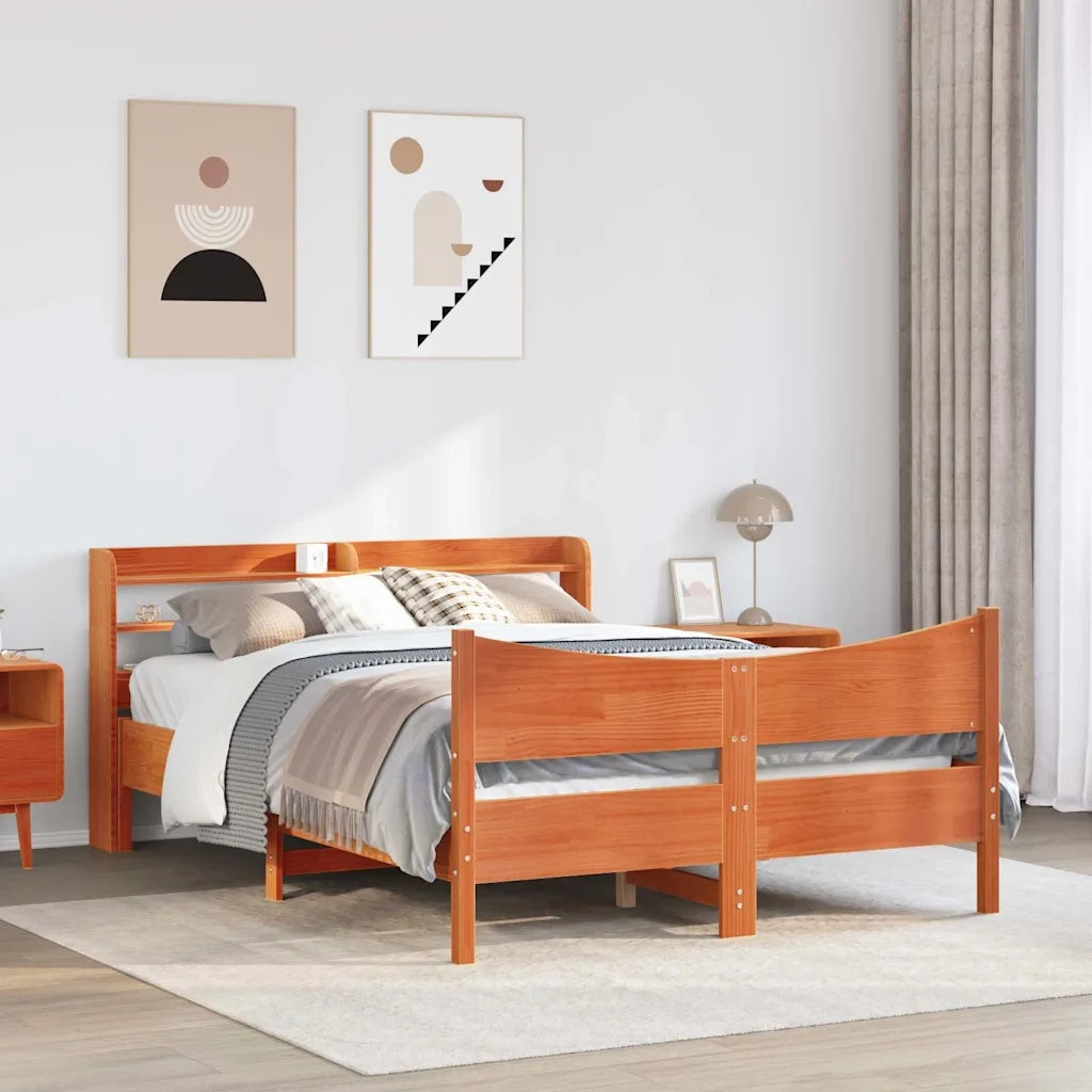 Giroletto con Testiera-Struttura Letto con testiera Marrone Cera 150x200 cm Massello Pino 746940