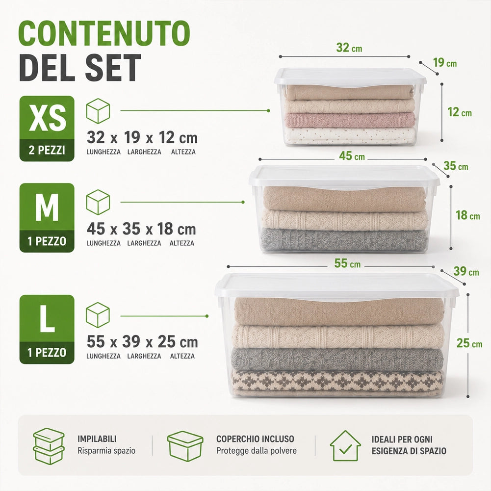 Set 4 Pezzi Spring Box 1L + 1M + 2XS Contenitori Trasparenti e Coperchio Bianco