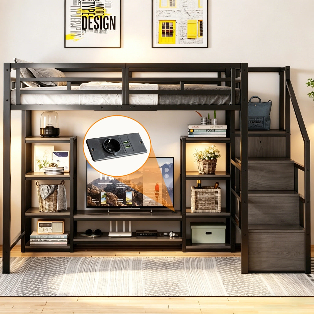 Letto mezzanino nero 140x200 mobile TV presa a presa scala sicura metallo + legno letto a castello con riporzione