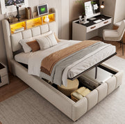 Letto singolo imbottito 90x200 cm beige con LED e USB