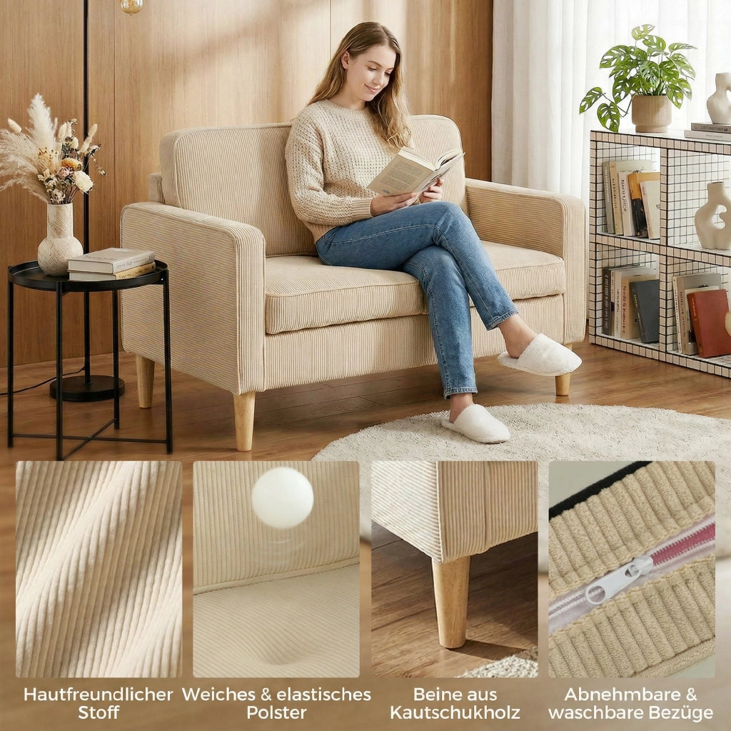 Divano 2 Posti con Tessuto e Cuscini ¨C Minimal ¨C Beige 117x63x79 cm