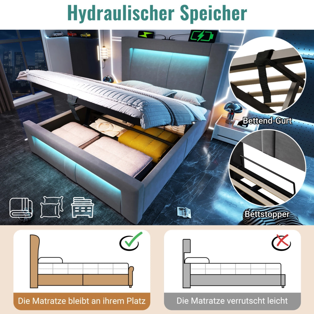 Letto singolo contenitore 90 × 200 cm con LED; USB e Type-C; velluto grigio