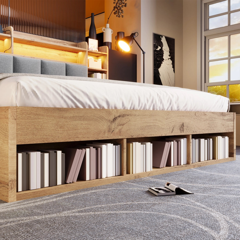 Letto matrimoniale 160×200 cm con LED; USB e Type-C; cassetti e ripiani; senza materasso; rovere
