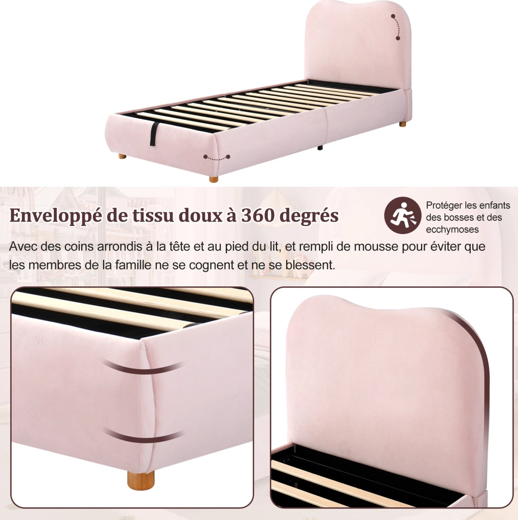 Letto singolo imbottito 90x200 cm in velluto rosa con contenitore e rete a doghe