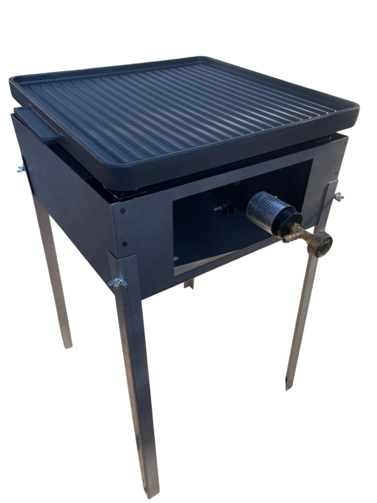 Supporto in Ferro per Fornellone a Gas 41x41x63,5 cm con Fornellone e Bistecchiera in ghisa 40x40 cm bifacciale