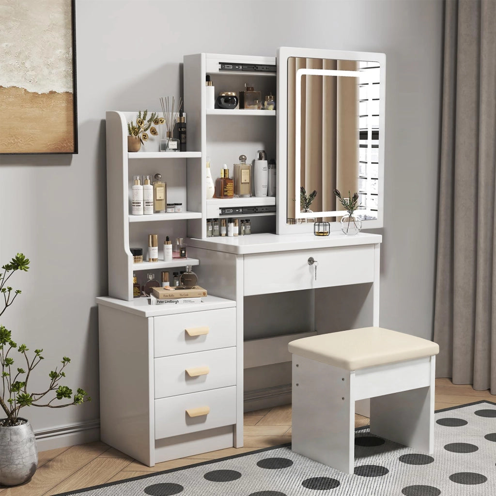 TOELETTA con specchio LED e sgabello, 4 cassetti, bianco