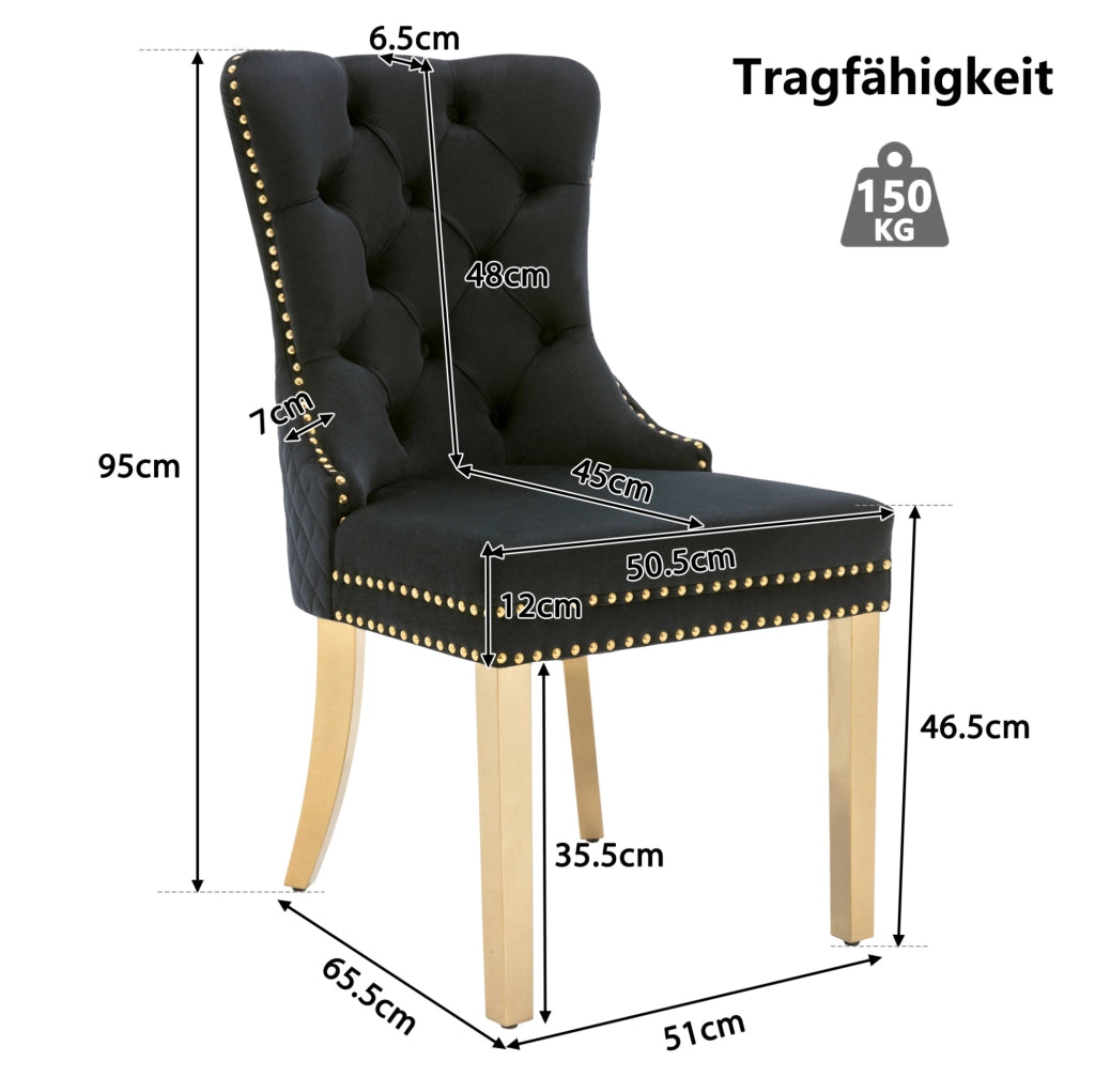 Sedia da pranzo in velluto nero con gambe in acciaio inox placcato oro