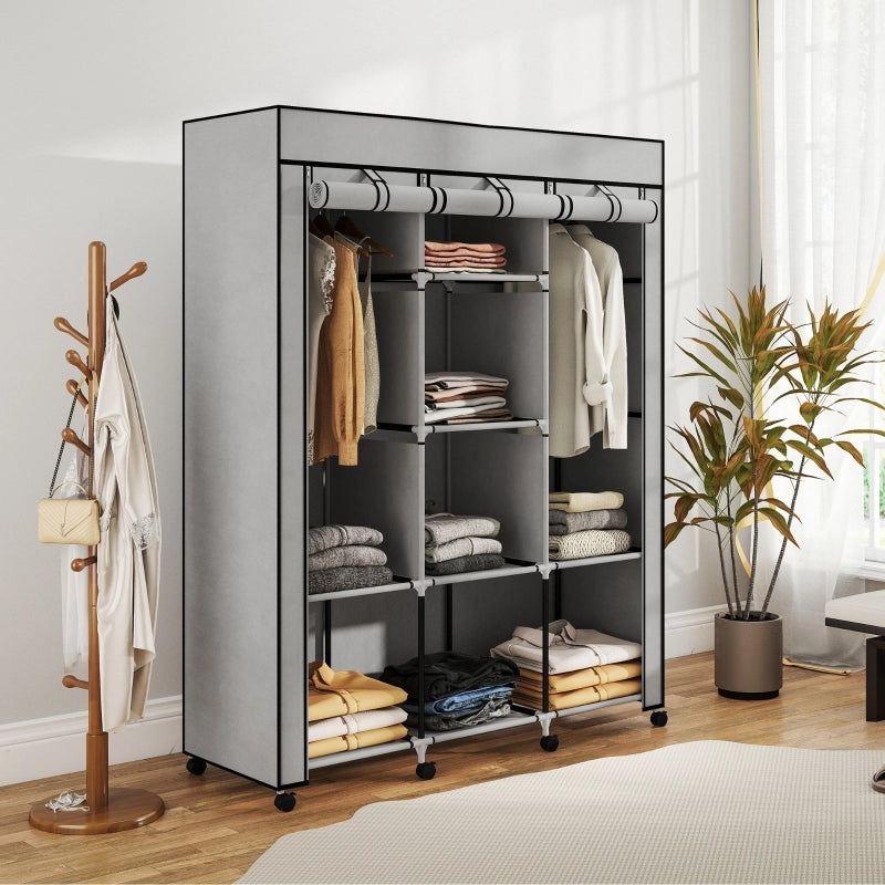 Armadio 125x43x162.5 cm con 8 ripiani e 2 appendiabiti in tessuto grigio chiaro