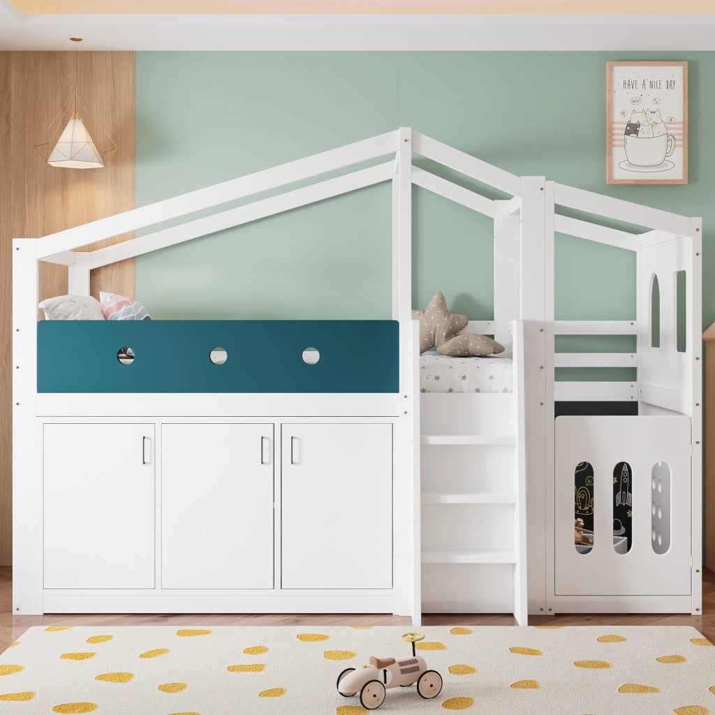 Letto a soppalco 90 × 200 cm con area gioco e armadio integrato in legno e MDF bianco