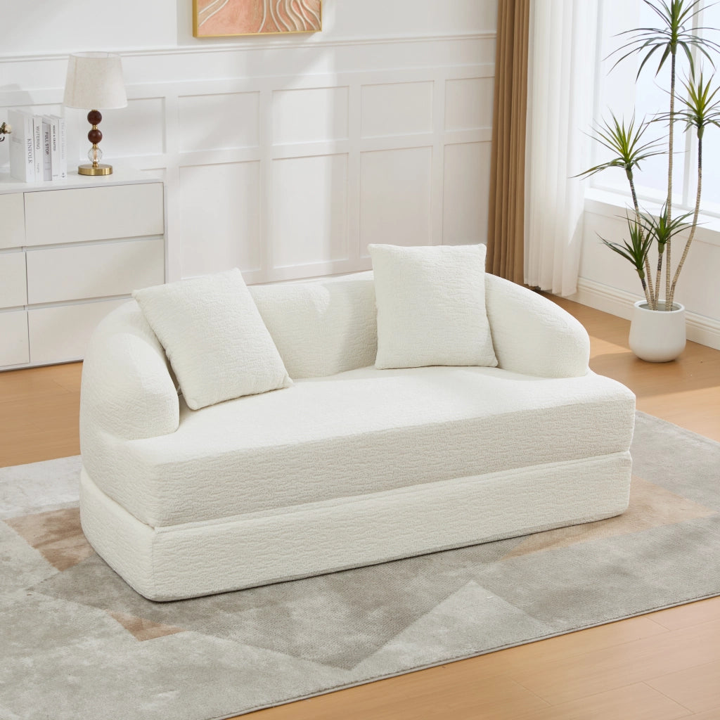 Divano letto 2 posti pieghevole in ciniglia beige con due cuscini schienale imbottiti e schiuma elastica